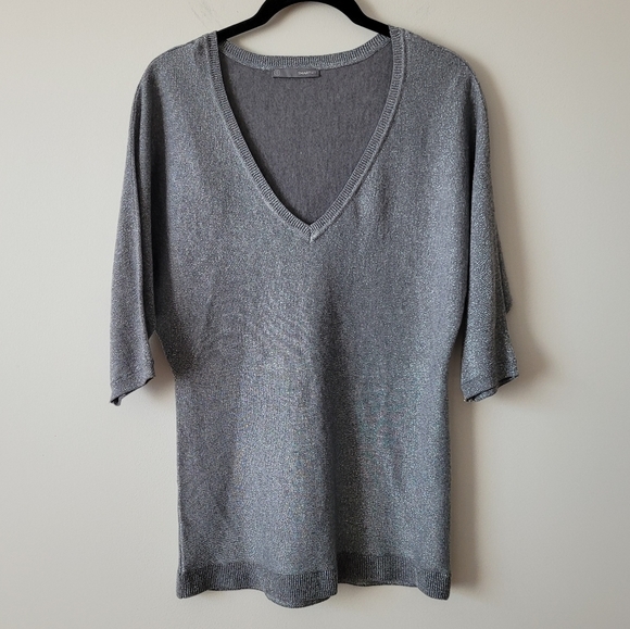 SMART Set Silver Grey Metallic Knit V Neck Top Size S - Picture 2 of 10